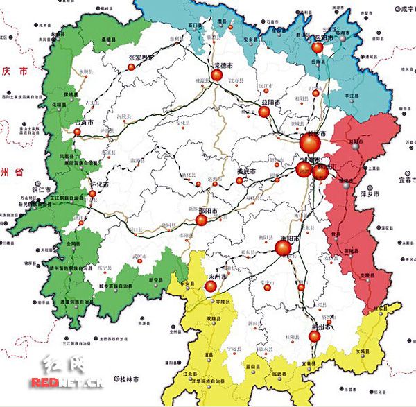 湖南省際邊界縣市分布圖。