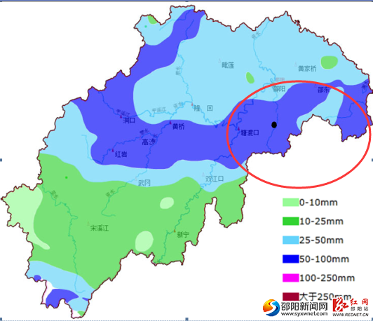 圖為邵陽市5月19日6時至23時降雨分布圖，其中紅色圓圈內(nèi)的是邵陽市處于衡邵干旱走廊的區(qū)域。