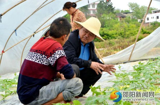 孫小武向西甜瓜種植戶講解西瓜的施肥、除蟲、灌溉等技術(shù)要領(lǐng)。