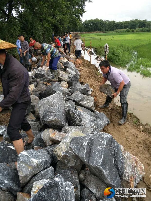 洪水退去后，村民搶修河堤，右一位楊田村支部書記肖懷付