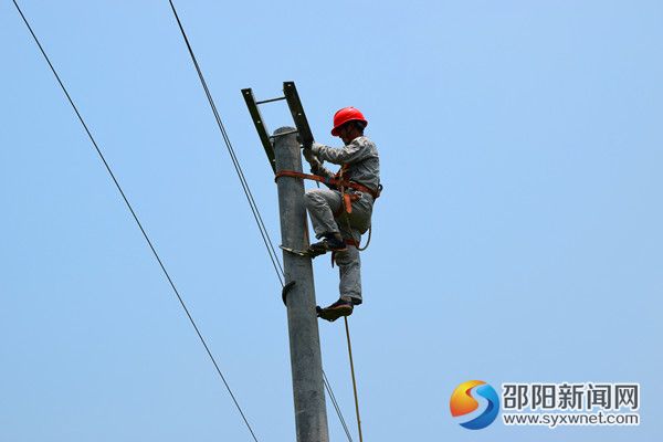 作業(yè)人員在八合村新架設(shè)10千伏線路電桿上橫擔