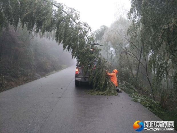 跪地拽冰枝的公路搶險隊員