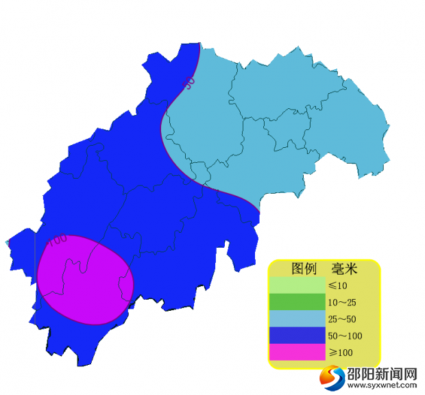 7月6日08時-8日20時邵陽市累積降雨量預(yù)報圖（單位：毫米）