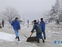 平壤迎來今冬初雪 市民拍照掃雪